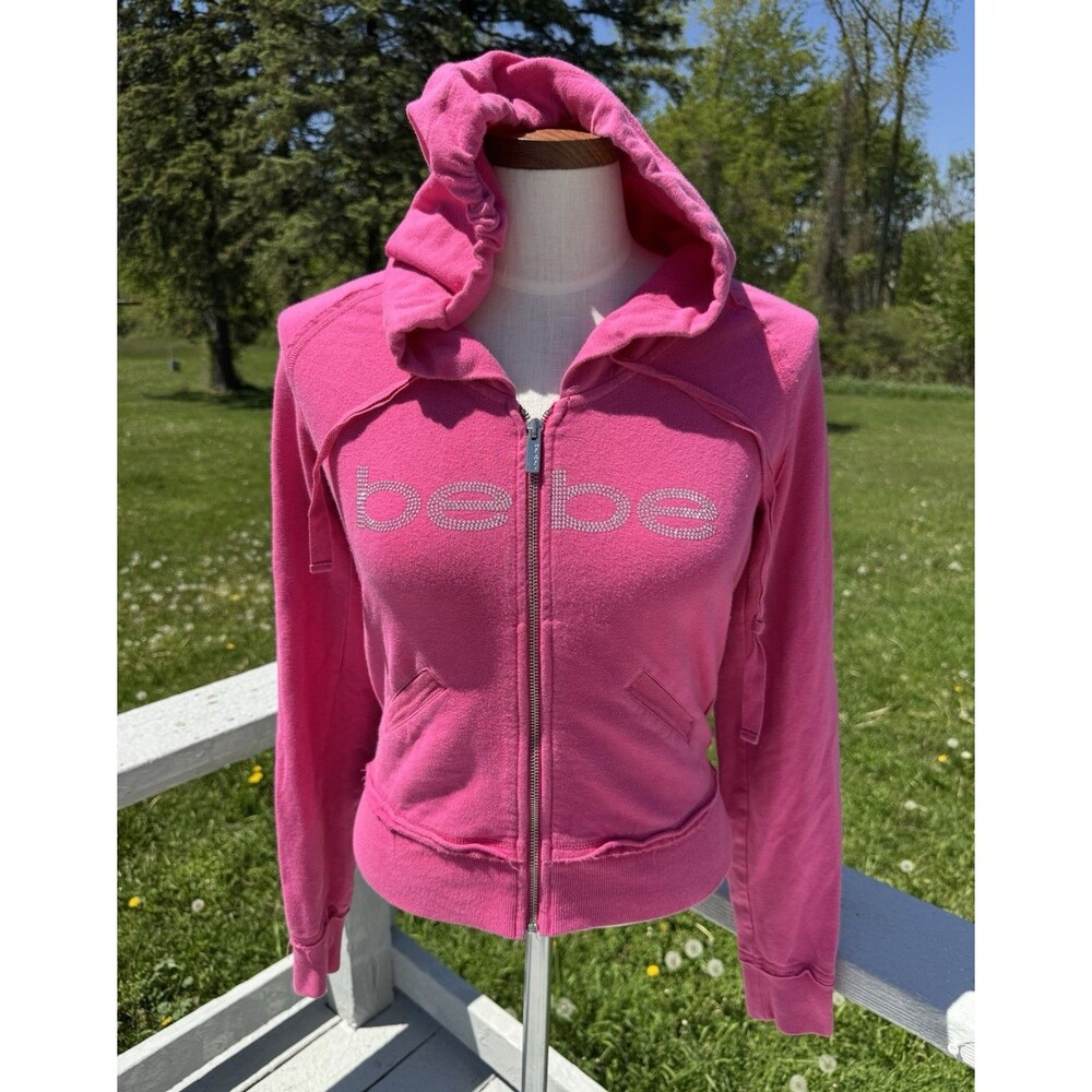 Bebe Hot Pink Rhinestone Bling Logo Full Zip Hoodie Y2K Womens Medium